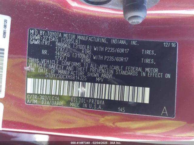 5TDYZ3DCXHS814325 Toyota Sienna Xle 8 Passenger