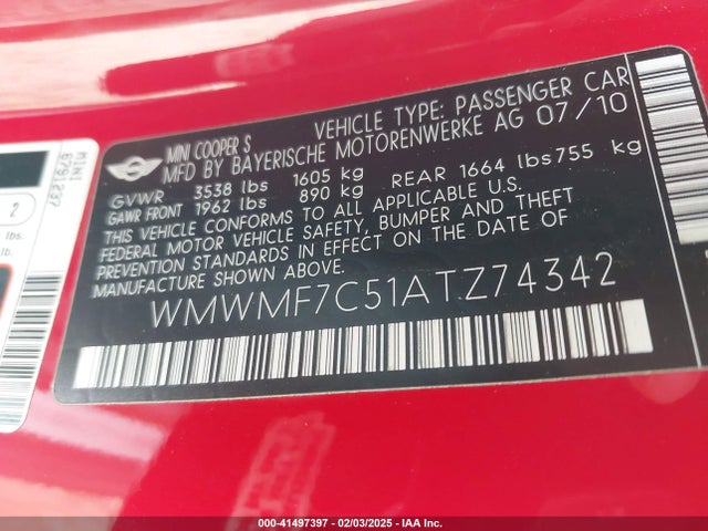 2010 MINI COOPER S WMWMF7C51ATZ74342 Photo 8