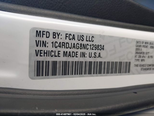1C4RDJAG8NC129834 Dodge Durango Sxt Awd