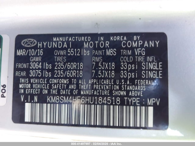 KM8SM4HF6HU184518 Hyundai Santa Fe Se