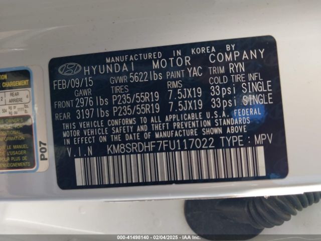 KM8SRDHF7FU117022 Hyundai Santa Fe Limited