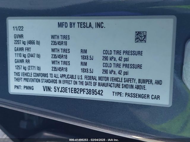 5YJ3E1EB2PF389542 Tesla Model 3 Long Range Dual Motor All-wheel Drive