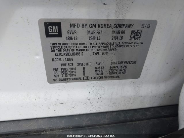 KL7CJKSB3LB049512 Chevrolet Trax Fwd Ls