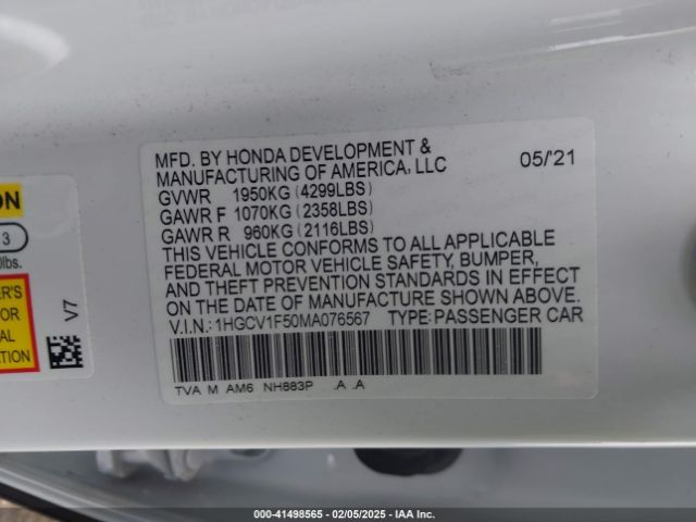 1HGCV1F50MA076567 Honda Accord Ex-l