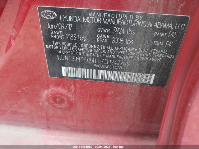 5NPD84LF7JH242208 Hyundai ELANTRA SEL