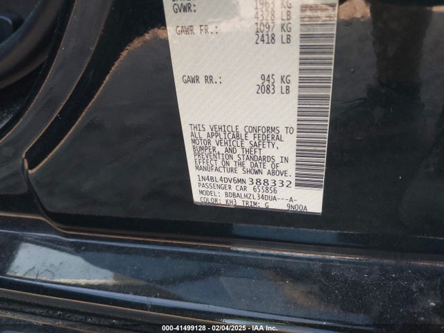 1N4BL4DV6MN388332 Nissan Altima Sv Fwd