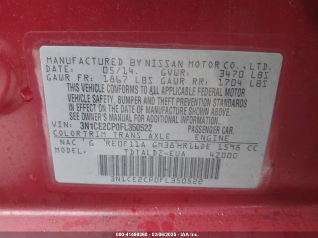 3N1CE2CP0FL350522 Nissan Versa Note Sv
