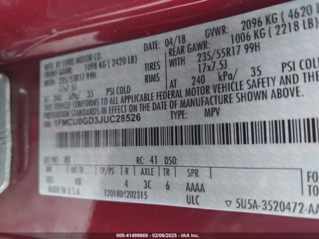1FMCU0GD3JUC28526 Ford ESCAPE SE