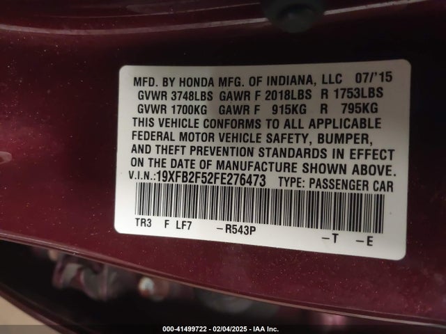 Honda Civic Lx 2015 19XFB2F52FE276473 Image 9