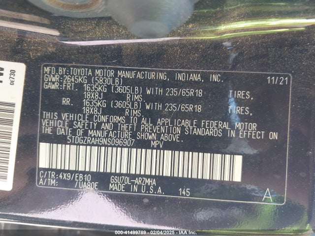 5TDGZRAH9NS096907 Toyota Highlander Xle
