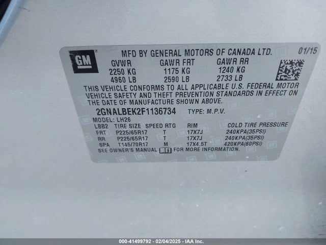 Chevrolet EQUINOX 1LT 2015 2GNALBEK2F1136734 Image 9