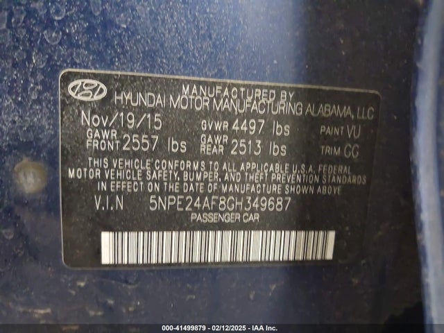 5NPE24AF8GH349687 Hyundai SONATA SE
