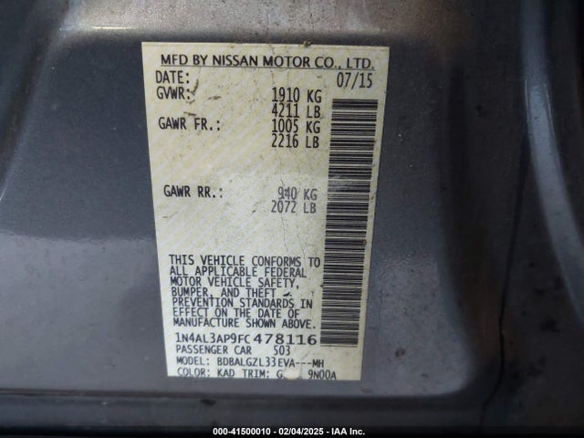Nissan Altima 2.5 S 2015 1N4AL3AP9FC478116 Image 9