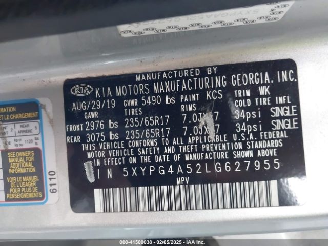 5XYPG4A52LG627955 KIA Sorento 3.3l Lx