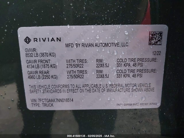 Продаж на аукціоні авто 2022 Rivian R1t Adventure, vin: 7FCTGAAA7NN016514, номер лоту: 41500135