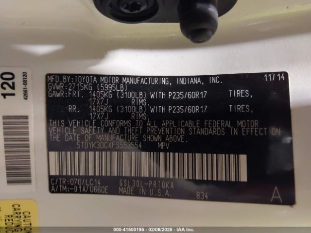 5TDYK3DCXFS553554 Toyota Sienna Xle/limited