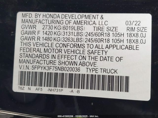 5FPYK3F75NB020036 Honda Ridgeline Rtl-e