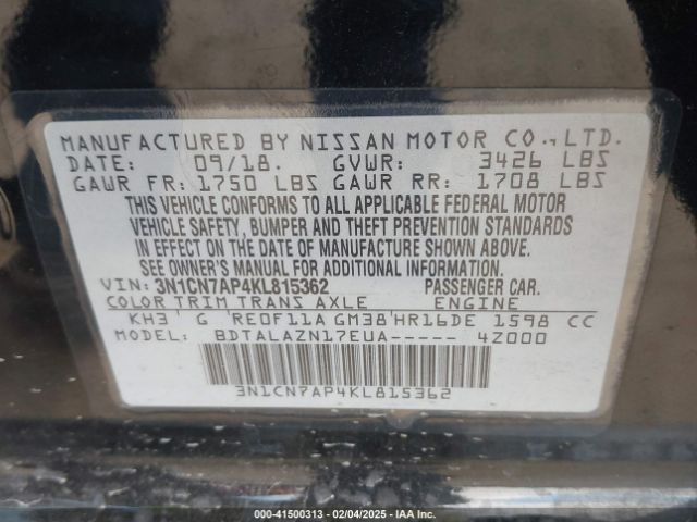 3N1CN7AP4KL815362 Nissan Versa 1.6 S+