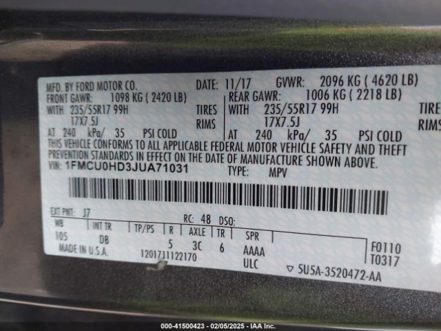 1FMCU0HD3JUA71031 Ford ESCAPE SEL