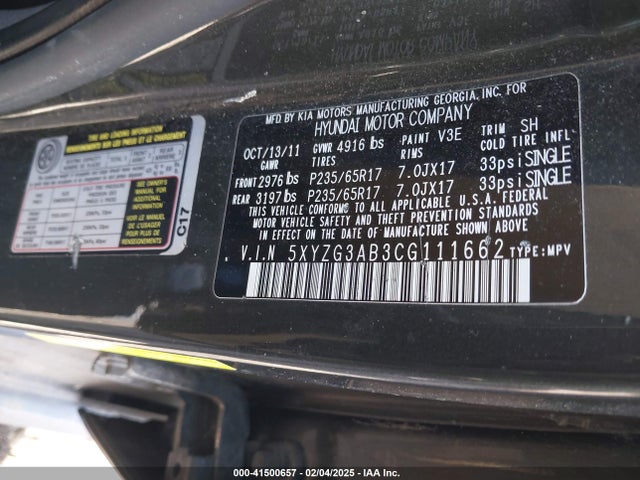 Aukcja sprzedaży 2012 Hyundai Santa Fe Gls, vin: 5XYZG3AB3CG111662, numer aukcji: 41500657