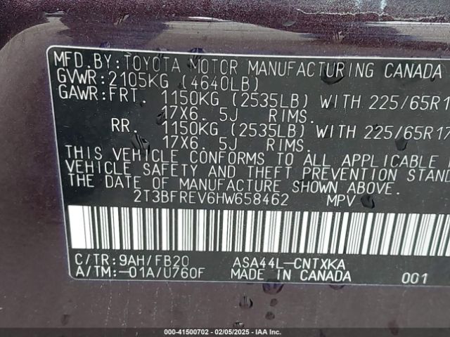 2T3BFREV6HW658462 Toyota RAV4 LE