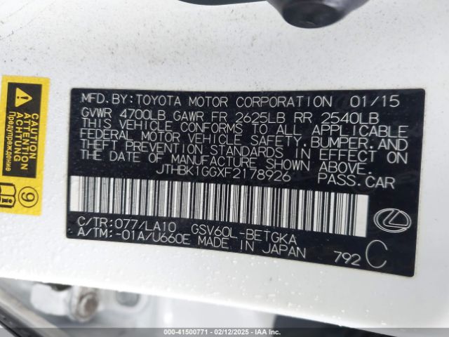 JTHBK1GGXF2178926 Lexus ES 350