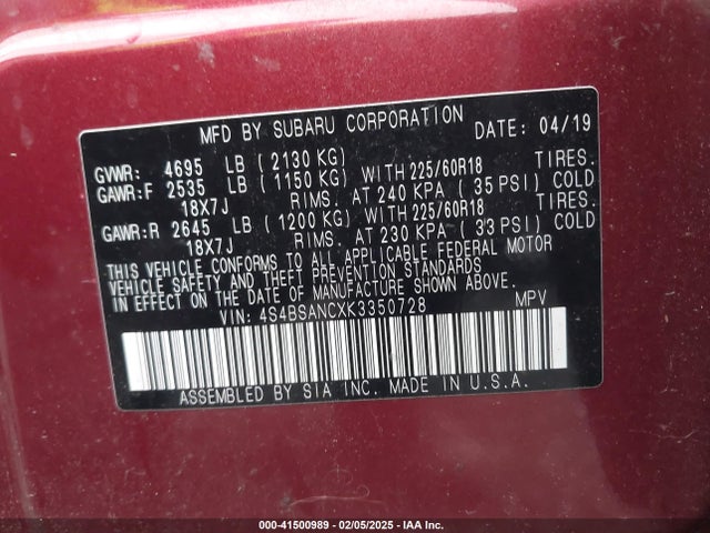 Subaru Outback 2.5i Limited 2019 4S4BSANCXK3350728 Image 9