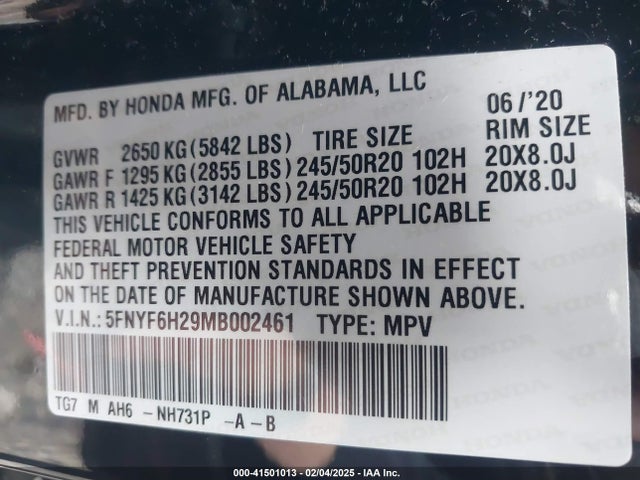 5FNYF6H29MB002461 Honda Pilot Awd Special Edition