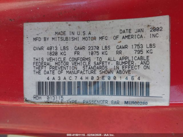 2003 MITSUBISHI ECLIPSE 4A3AC74H03E001464 Photo 8