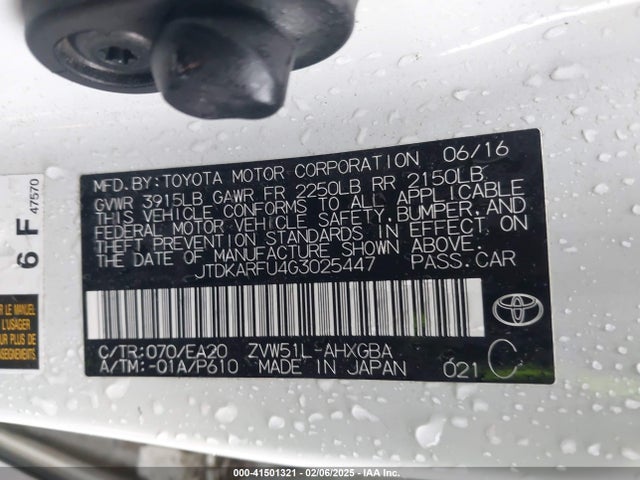 JTDKARFU4G3025447 Toyota 2zr-fxe,1nm