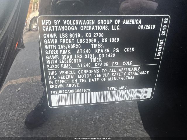 1V2UR2CA0KC596573 Volkswagen Atlas 3.6l V6 Se W/technology