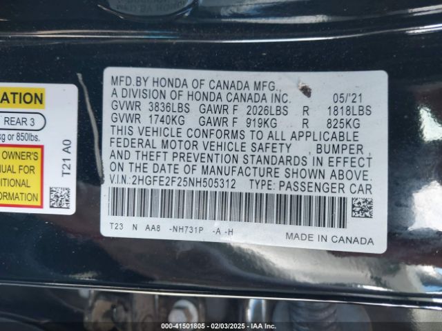 2HGFE2F25NH505312 Honda Civic Lx
