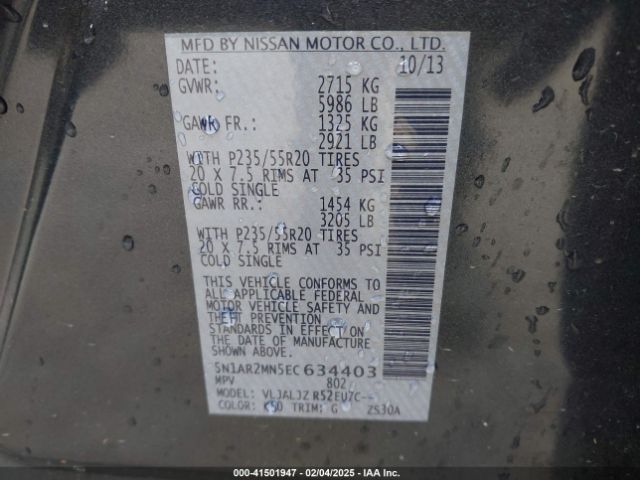 5N1AR2MN5EC634403 Nissan Pathfinder Platinum