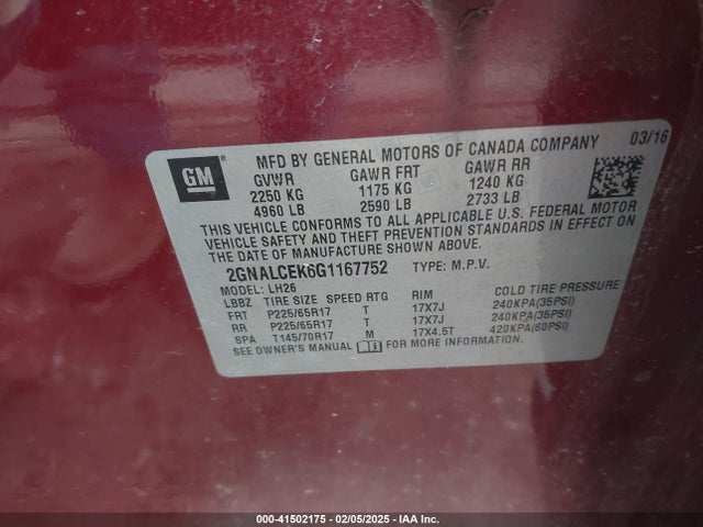 2GNALCEK6G1167752 Chevrolet EQUINOX LT