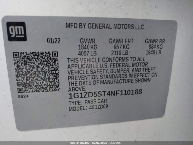 1G1ZD5ST4NF110188 Chevrolet Malibu Fwd Lt