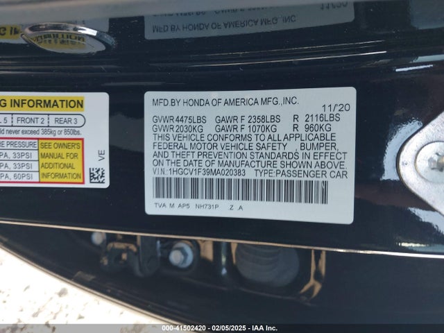 1HGCV1F39MA020383 Honda Accord Sport