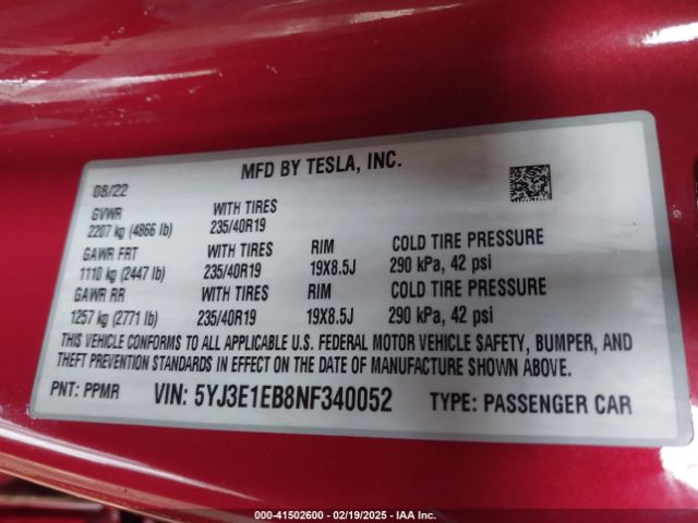 5YJ3E1EB8NF340052 Tesla Model 3 Long Range Dual Motor All-wheel Drive