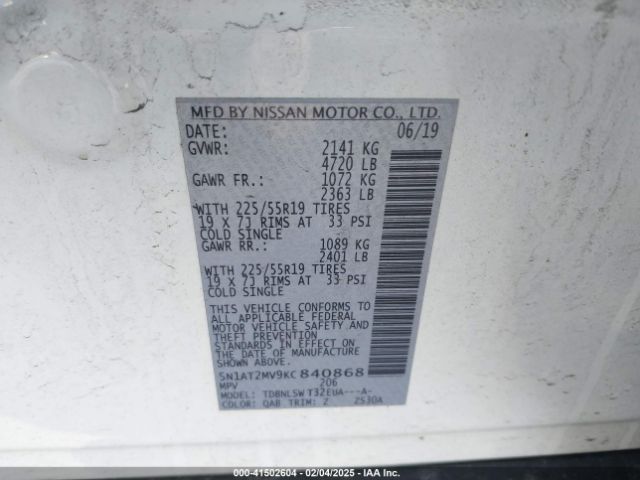 5N1AT2MV9KC840868 Nissan Rogue Sl