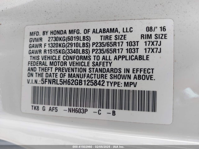 5FNRL5H62GB125842 Honda Odyssey Ex-l