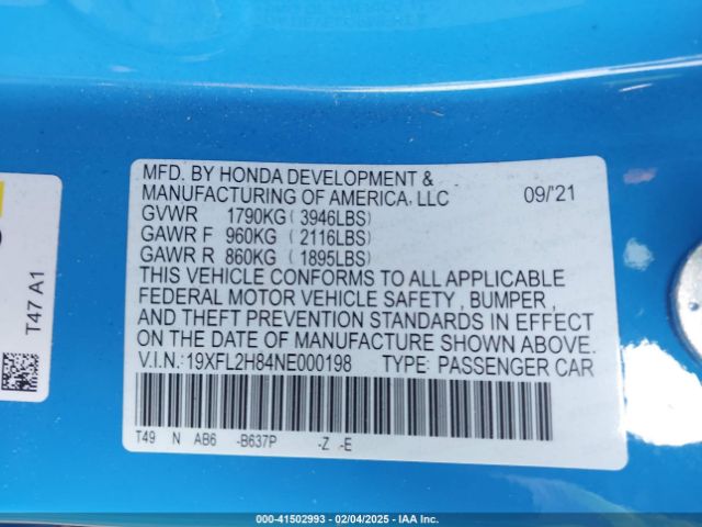 2022 HONDA CIVIC 19XFL2H84NE000198 Photo 8
