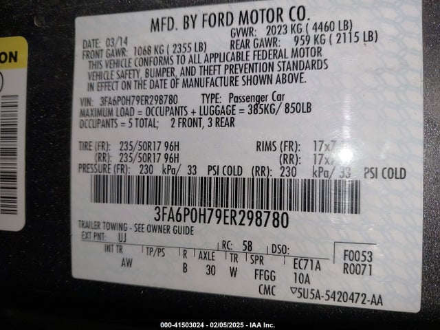Ford FUSION SE 2014 3FA6P0H79ER298780 Image 9