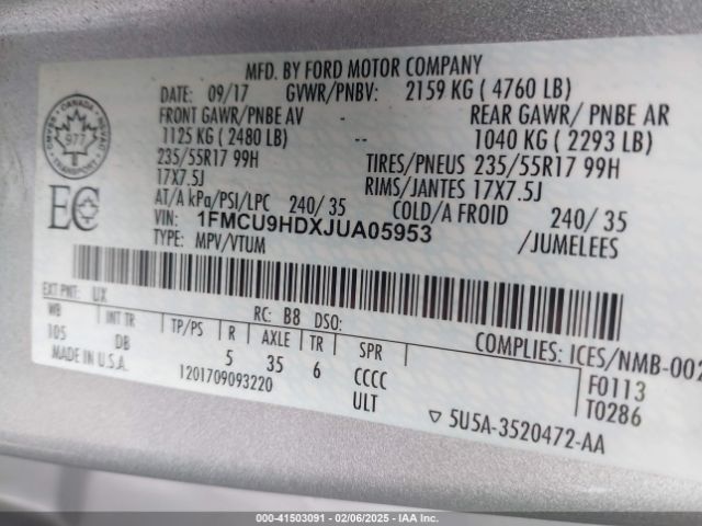 1FMCU9HDXJUA05953 Ford ESCAPE SEL
