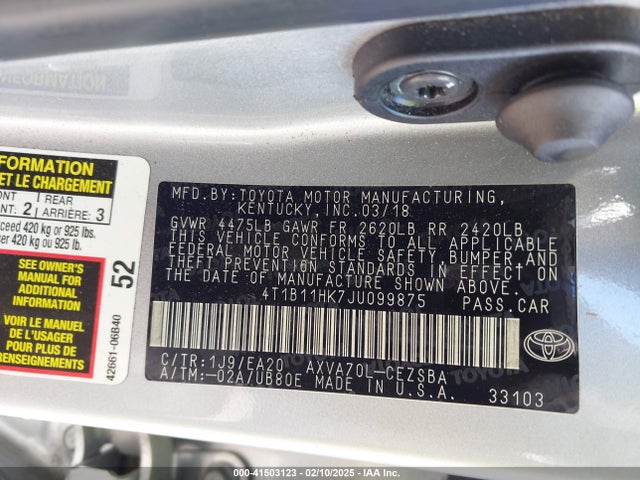 4T1B11HK7JU099875 Toyota CAMRY SE
