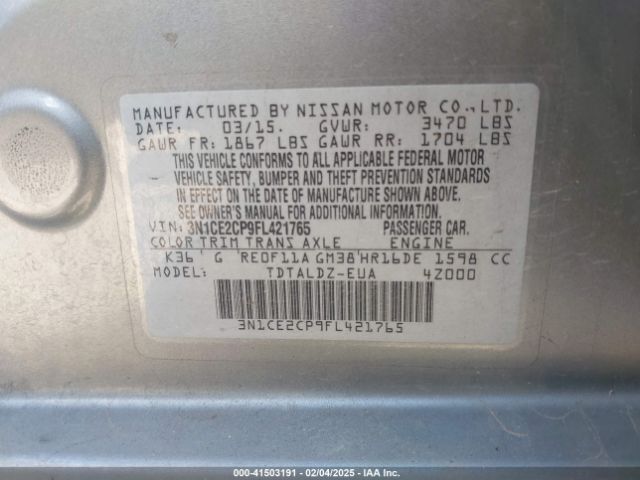 3N1CE2CP9FL421765 Nissan Versa Note S (sr)/s Plus/sl/sr/sv