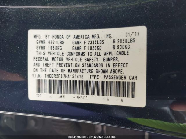 1HGCR2F87HA150416 Honda Accord Ex-l