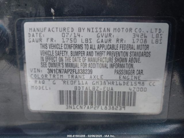 3N1CN7AP2FL838239 Nissan Versa 1.6 S/1.6 S+/1.6 Sl/1.6 Sv