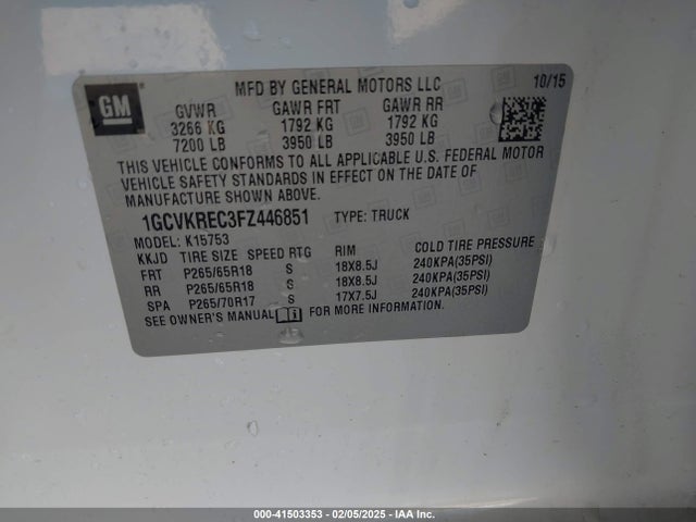 1GCVKREC3FZ446851 Chevrolet Silverado K1500 Lt