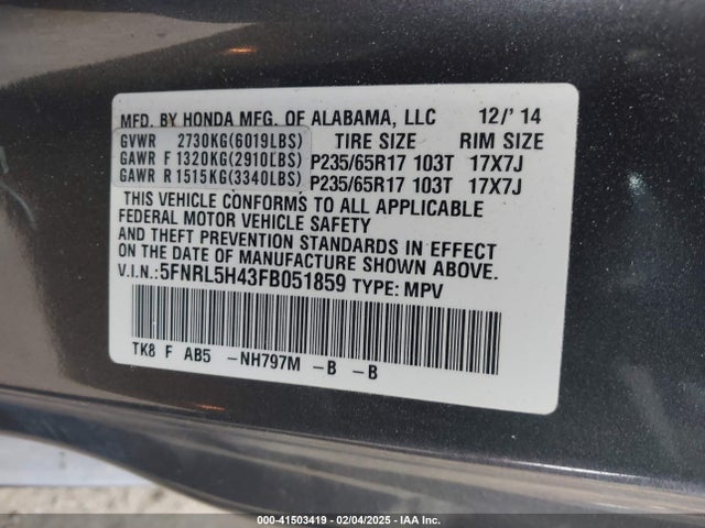 Honda ODYSSEY EX 2015 5FNRL5H43FB051859 Image 9
