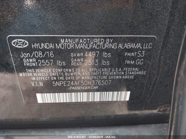 5NPE24AF5GH376507 Hyundai SONATA SE