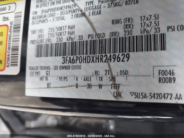 3FA6P0HDXHR249629 Ford FUSION SE